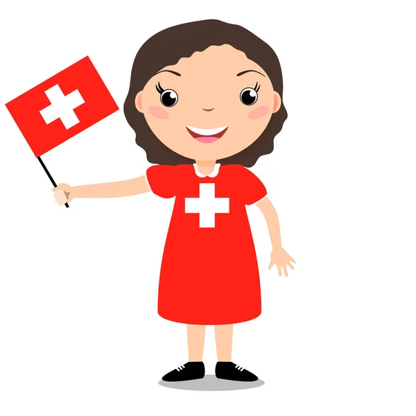 Sourire enfant, fille, tenant un drapeau suisse isolé sur fond blanc . — Image vectorielle