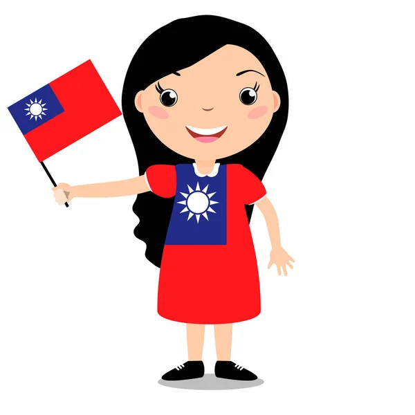 Criança sorridente, menina, segurando uma bandeira de Taiwan isolada no fundo branco . — Vetor de Stock