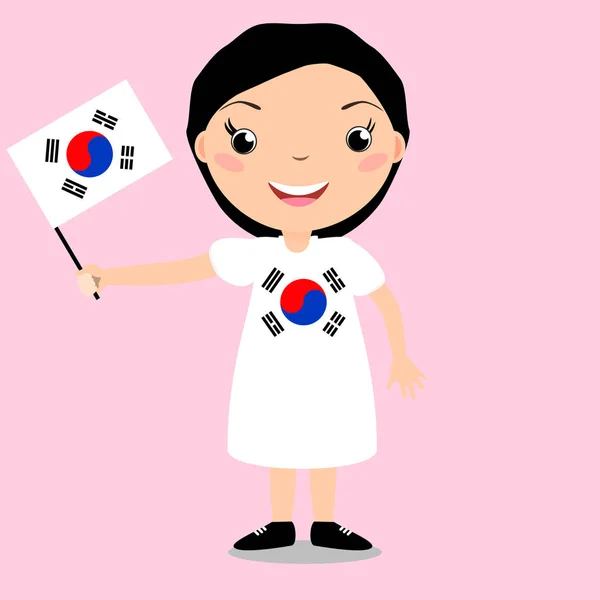 Souriant enfant, fille, tenant un drapeau sud-coréen isolé sur fond blanc . — Image vectorielle