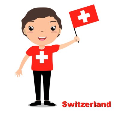 Gülümseyen çocuk, çocuk, beyaz arka plan üzerinde izole bir İsviçre bayrağı tutarak.