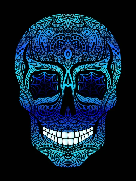 Calavera de tatuaje con ojos azules, ilustración en blanco y negro sobre fondo blanco, Día del símbolo muerto . — Archivo Imágenes Vectoriales