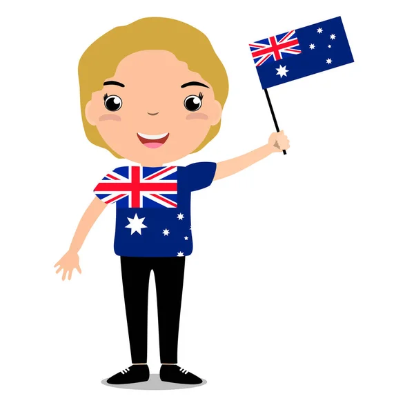 Χαμογελαστό παιδί, αγόρι, κρατώντας μια σημαία της Αυστραλίας απομονωθεί σε λευκό φόντο. — Διανυσματικό Αρχείο