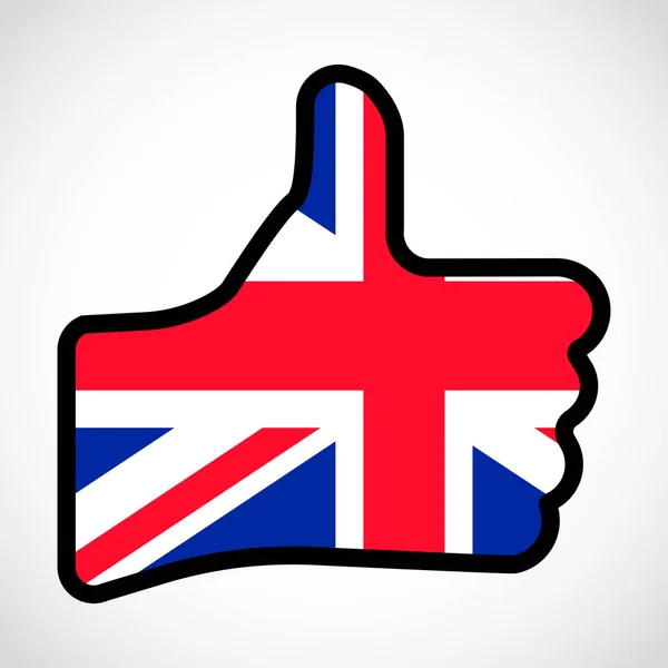 Σημαία της Μεγάλης Βρετανίας σε σχήμα χέρι με τον αντίχειρα επάνω, χειρονομία της έγκρισης, έννοια όπως. — Διανυσματικό Αρχείο