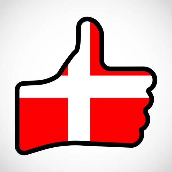 A Dánia lobogója alakú kéz a hüvelykujjával felfelé, gesztus, jóváhagyás, jelentés, mint. — Stock Vector
