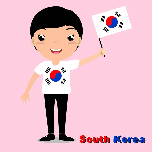 Niño sonriente, muchacho, sosteniendo una bandera de Corea del Sur aislada sobre fondo blanco . — Archivo Imágenes Vectoriales