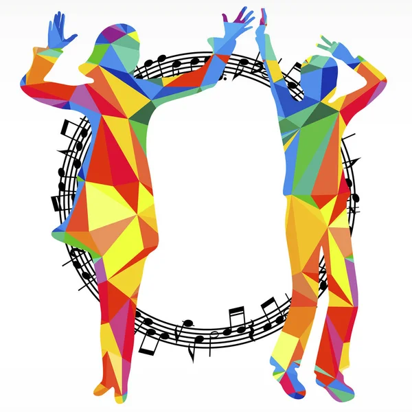 Силуэты полигона, танцующие люди и мелодичный круг, музыкальный фон . — стоковый вектор