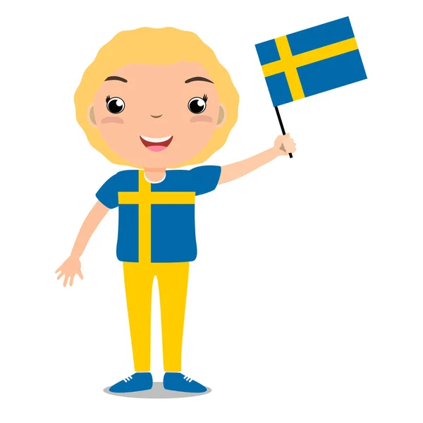 Usmívající se dítě, chlapec, vlajka Švédsko izolovaných na bílém pozadí. — Stockový vektor