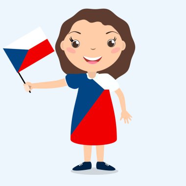 Gülümseyen chilld, kız, beyaz arka plan üzerinde izole bir çek bayrak tutan. 