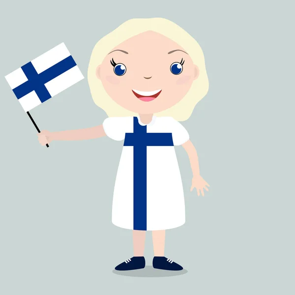 Criança sorridente, menina, segurando uma bandeira da Finlândia isolada no fundo branco . — Vetor de Stock
