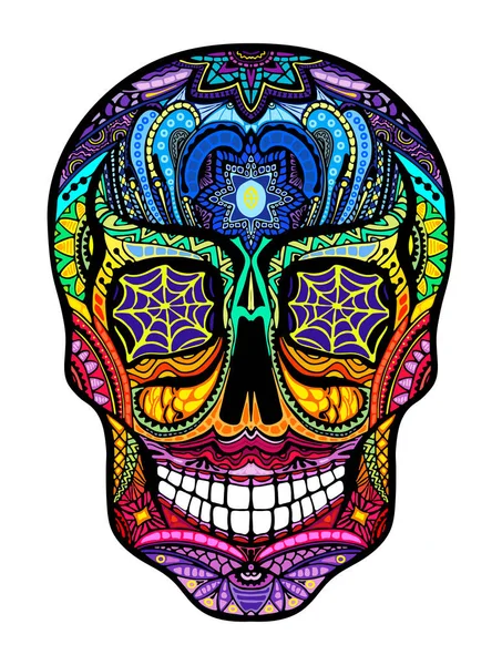 Cráneo colorido del tatuaje, ilustración en blanco y negro sobre fondo blanco, Día del símbolo muerto . — Vector de stock