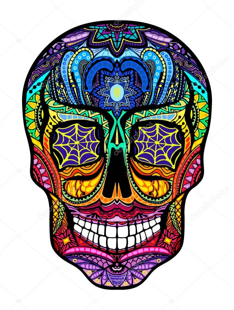 Tattoo colorful skull, black and white  illustration on white background, Day of the dead symbol.