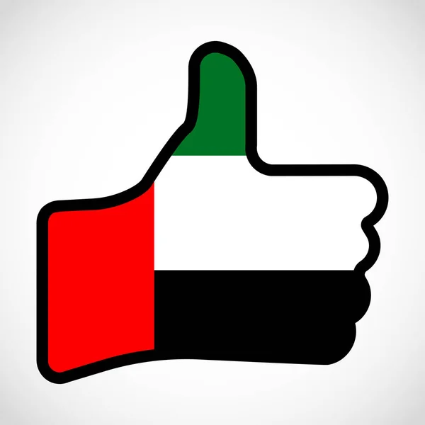 Förenade Arabemiratens flagga i form av handen med tummen upp, gest av godkännande, vilket innebär som, finger tecken, platt design illustration. — Stock vektor