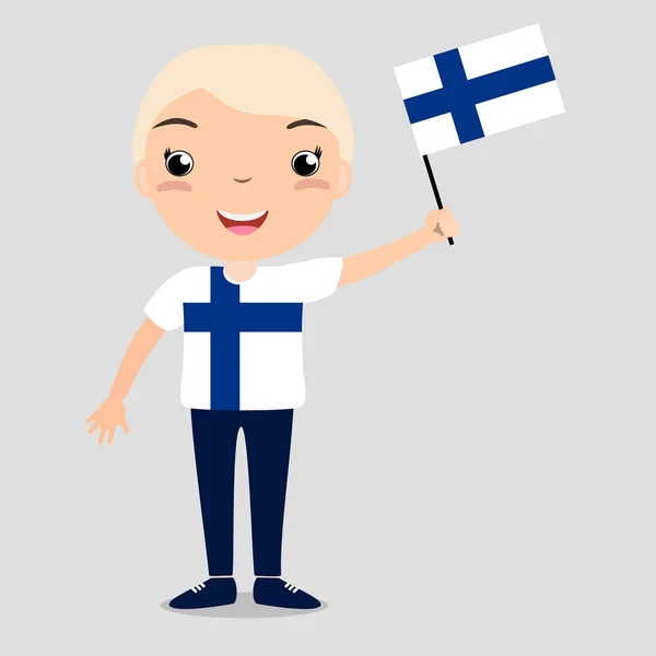 Criança sorridente, menino, segurando uma bandeira finlandesa isolada no fundo branco . — Vetor de Stock