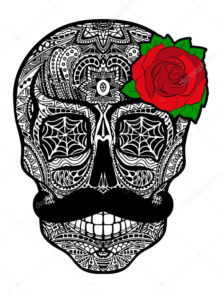 Tattoo skull with a mustache and a rose, black and white illustration on white background, Day of the dead symbol.
