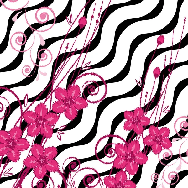 Stickerei florales Muster, Blumenzweig auf einfachem, kontrastierenden geometrischen Hintergrund. — Stockvektor