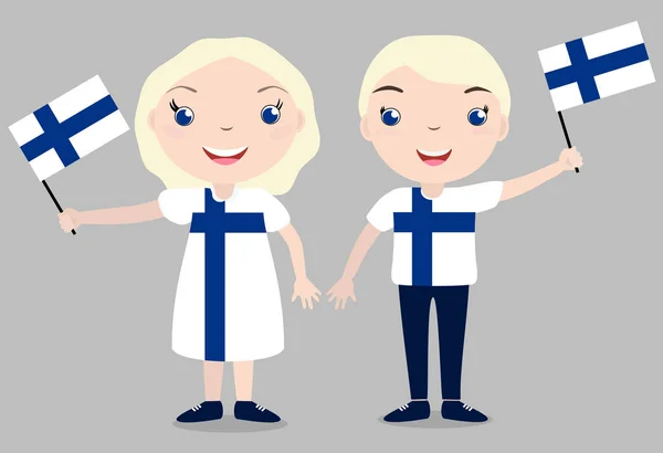 Des enfants souriants, garçons et filles, tenant un drapeau finlandais isolé sur fond blanc . — Image vectorielle