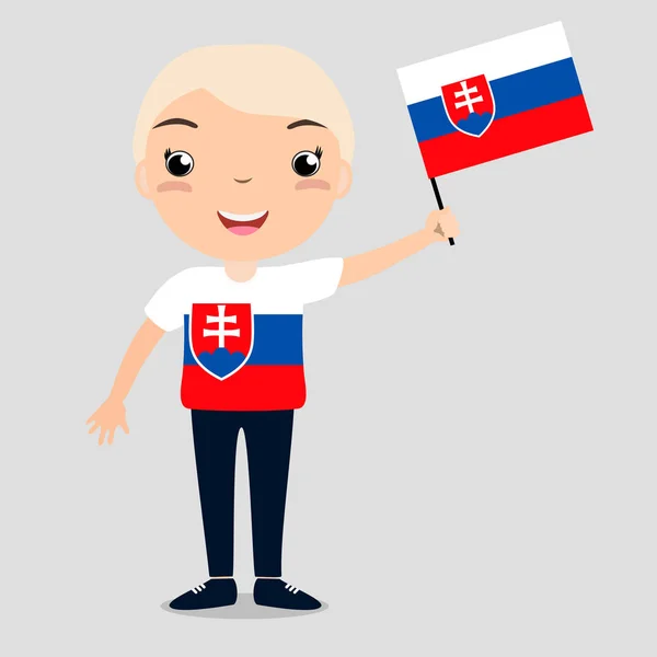 Χαμογελαστό παιδί, αγόρι, κρατώντας μια σημαία της Σλοβενίας που απομονώνονται σε λευκό φόντο. — Διανυσματικό Αρχείο