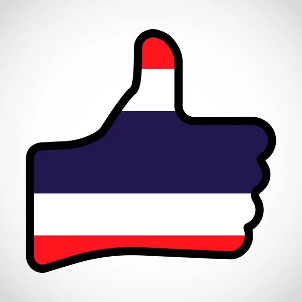 Bandeira da Tailândia em forma de Mão com polegar para cima, gesto de aprovação, significando Tipo, signo do dedo, ilustração de design plano . — Vetor de Stock