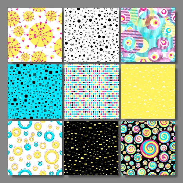 Memphis seamless background set, cards with simple geometric elements, patterns fashion trend 80-90 s . — стоковый вектор