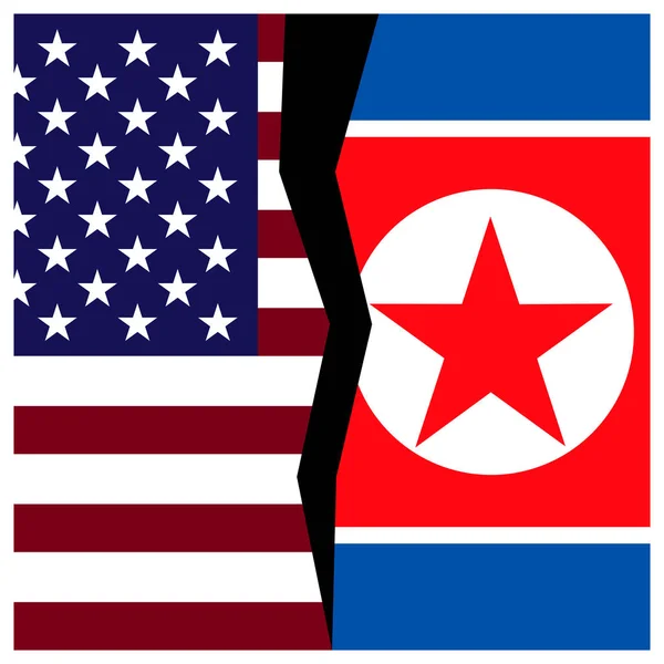 Banderas de Estados Unidos y Corea del Norte con grieta .. — Vector de stock