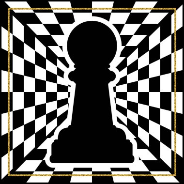 Bir satranç ile satranç parça piyon ve altın çerçeve. 