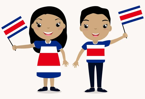 Chilldren sonrientes, niño y niña, sosteniendo una bandera de Costa Rica aislada sobre fondo blanco . — Vector de stock