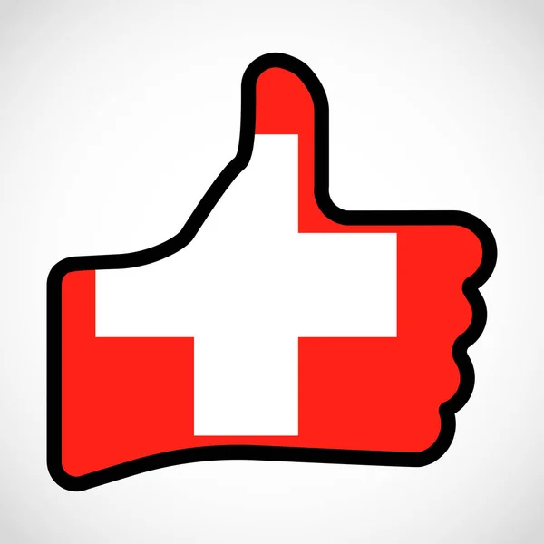 Vlajka Švýcarska ve tvaru ruky s palcem nahoru, schválení. — Stockový vektor
