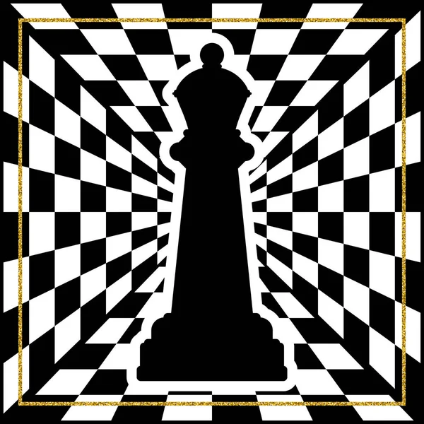 Tablero de ajedrez con una pieza de ajedrez Reina y un marco de oro . — Vector de stock