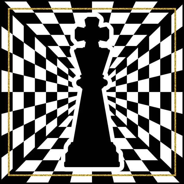 Chessboard with a chess piece King and a gold frame. — Stock Vector