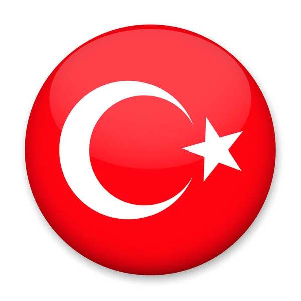 Σημαία της Τουρκίας με τη μορφή της ένα στρογγυλό κουμπί με ένα φως εκτυφλωτικό φως και σκιά. — Διανυσματικό Αρχείο
