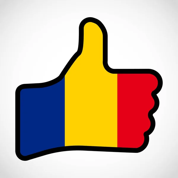 Rumunská vlajka ve tvaru ruky s palcem nahoru, schválení, což znamená, jako prst znamení, plochý design ilustrace. — Stockový vektor
