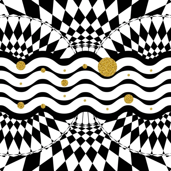 Cercles d'or sur fond noir et blanc géométrique contrasté, motif kaléidoscope . — Image vectorielle