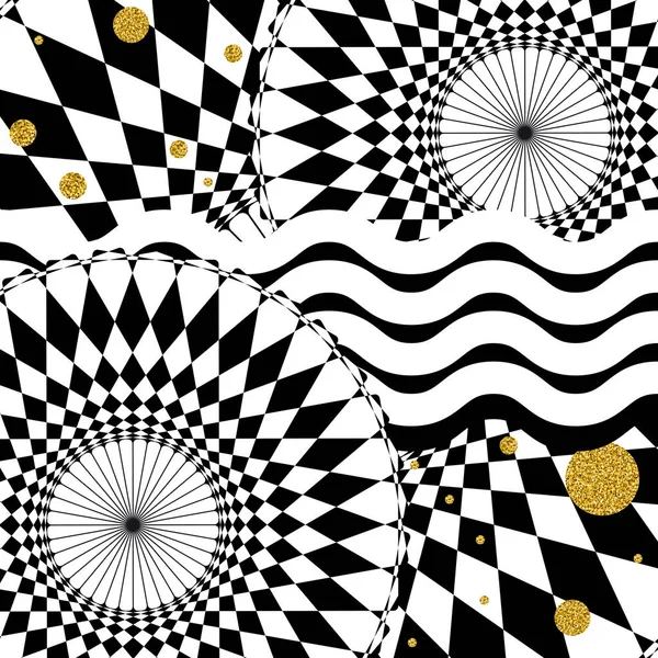 Cerchi dorati su uno sfondo geometrico in bianco e nero a contrasto . — Vettoriale Stock