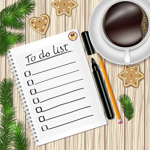 Notebook with to do list, fir tree branches, cookie, a pencil, a marker, and coffee cup on a table with wooden texture.