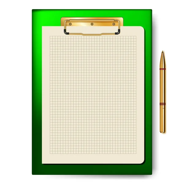 Csipeszes írótábla, papír lapot, arany toll, üzleti tervezés, teendők. — Stock Vector