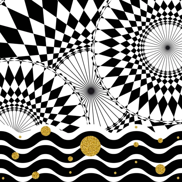 Cercles d'or sur fond noir et blanc géométrique contrasté . — Image vectorielle