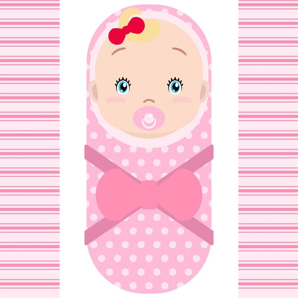 Smiling caucasian baby girl with pacifier isolated on white background.