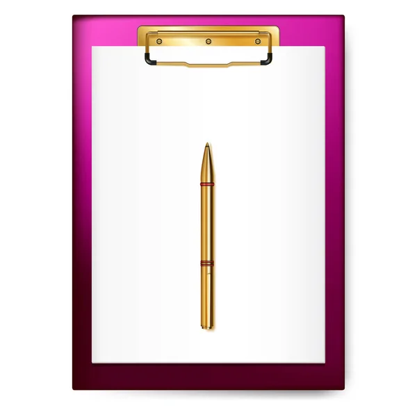 Klembord, papier vel, golden pen voor business planning, to-do lijst. — Stockvector