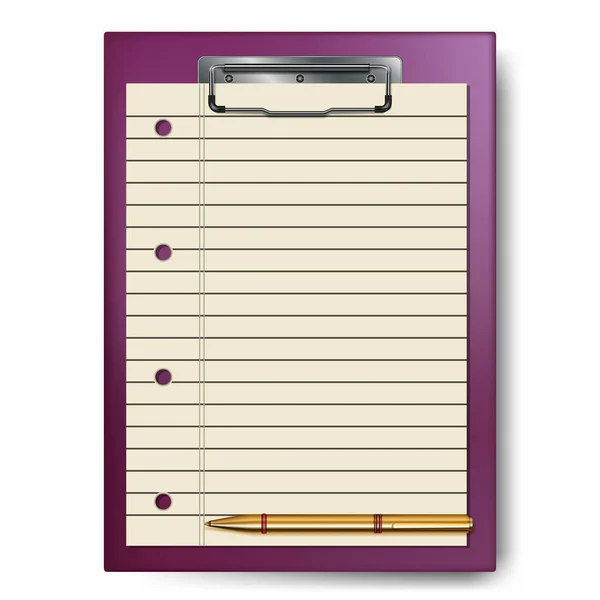 Klemmbrett, Papierbogen, goldener Stift für die Geschäftsplanung, To-Do-Liste. — Stockvektor