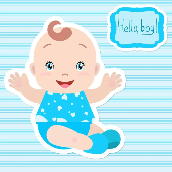 Petit garçon assis, tenant la main, souriant. Un cadre avec une inscription. Carte, invitation, baby shower . — Image vectorielle
