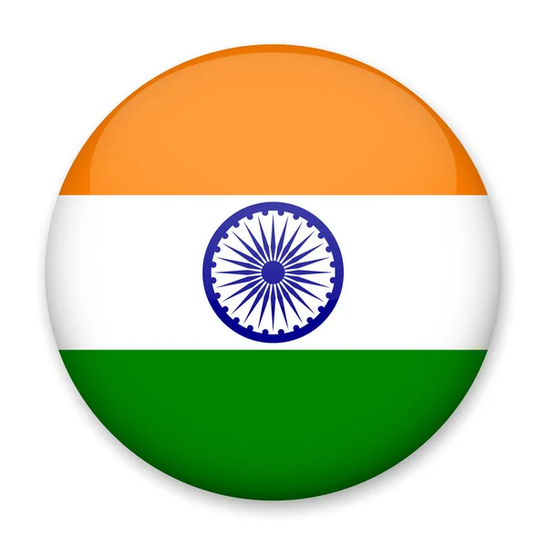 Bandera de la India en forma de botón redondo con un resplandor de luz y una sombra . — Vector de stock