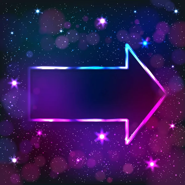 Marco de flecha de neón colorido sobre un fondo de estrella oscura, ilustración abstracta . — Vector de stock