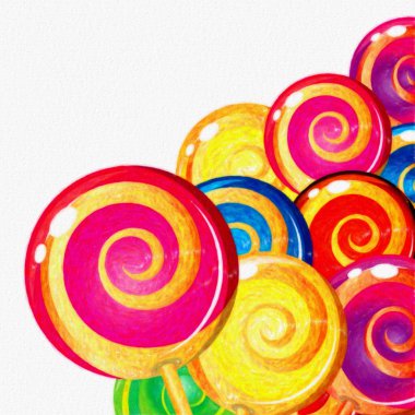 Beyaz zemin üzerine suluboya renkli lolipop. Tatlı gıda zemin. Gösterim amacıyla dekorasyon tasarım şeker. Doğum günü, Paskalya, parti kartı.