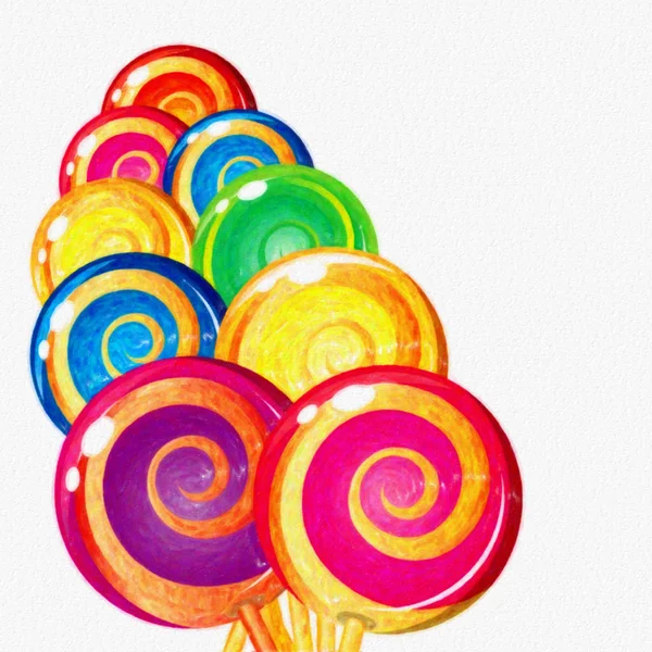 Watercolor colorful Lollipops on white background. Sweet food backdrop. Candy illustration for decoration design. — Stock Photo, Image