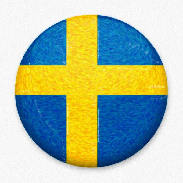 Schwedische Aquarellfahne in Form eines runden Knopfes mit leichtem Schein und Schatten. — Stockfoto