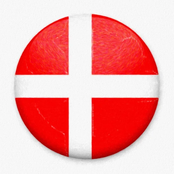 Акварель прапор Данії у вигляді кругла кнопка зі світла яскраве світло і тінь. — стокове фото