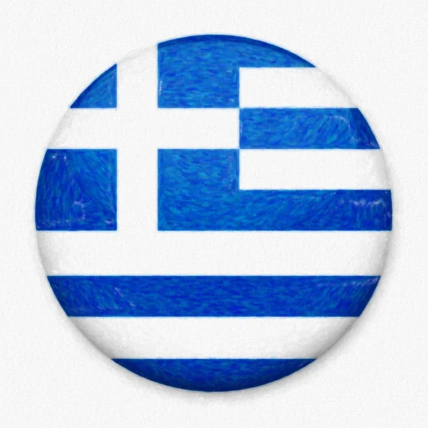 Acquerello Bandiera della Grecia sotto forma di un pulsante rotondo con un bagliore leggero e un'ombra . — Foto Stock