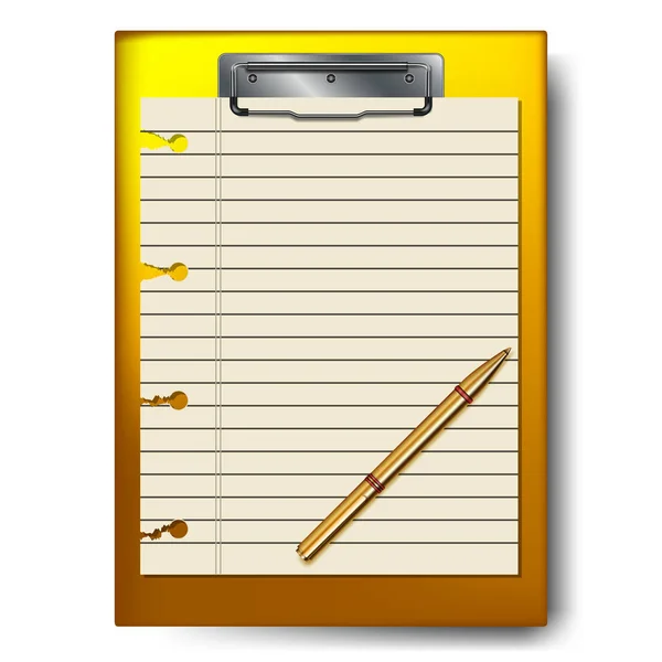 Clipboard, paper sheet, golden pen for business planning, to-do list. — Stock Vector