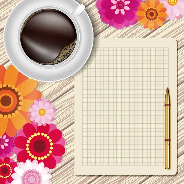 Чашка кофе, цветы, ручка и бумага на деревянном столе. Открытка с цветами . — стоковый вектор