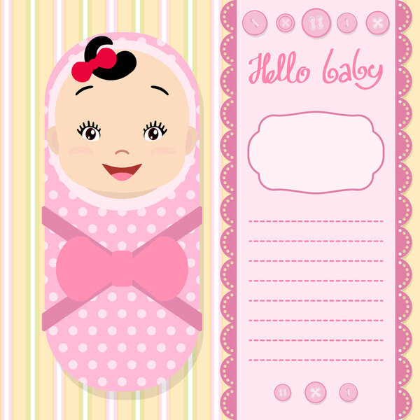 Invitation background with a cute baby, lettering, scrapbook elements and space for text. 